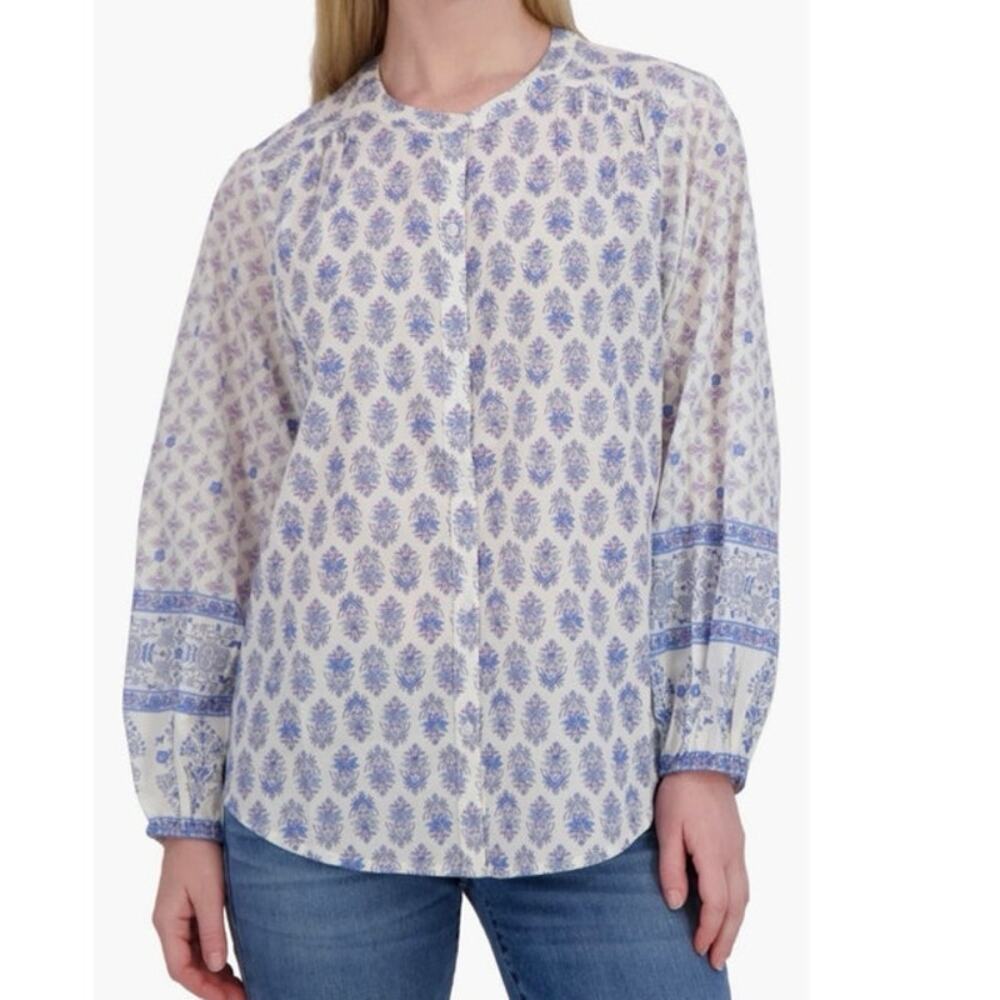 Lucky Brand Border Print Button-Up Shirt Blue Combo White - Size XL